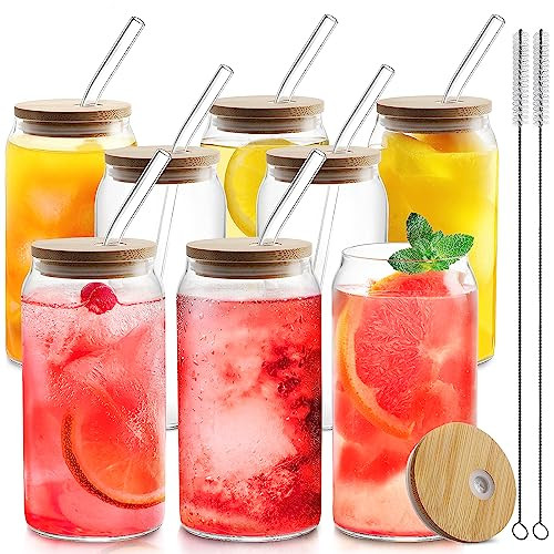 HOMBERKING Glass Cups with Bamboo Lids and Straws 8pcs Set, 20oz Can Shaped Cups, Beer Glasses, Iced Coffee Cups, Cute Tumbler with 2 Cleaning Brushes, Ideal for Cocktail, Whiskey, Tea | Amazon (US)