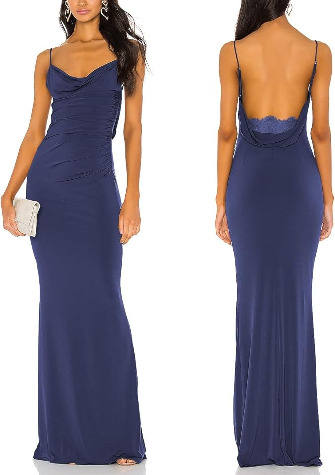 Aigeman Women Spaghetti Straps Mermaid Evening Gown Wedding Guest Dress Drape Neck Lace Backless ... | Amazon (US)