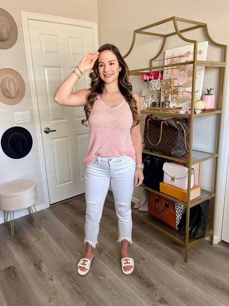 Casual Spring Outfit | Casual Knit Tank Top (wearing small/pure pink), white casual raw hem jeans (wearing 0), Chanel dupe sandals (6.5/37), Summer outfit #ootd #tanktop #whitejeans #dupe #amazonfashion #walmartfashion #outfitidea

#LTKStyleTip #LTKFindsUnder100 #LTKShoeCrush