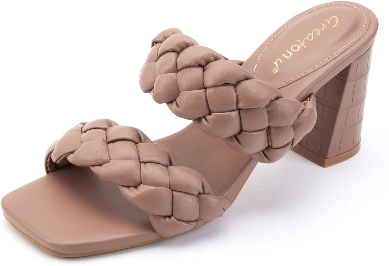 Greatonu Women's Braided Heeled Sandals Square Open Toe Summer Heels Slip On Dressy Sandals with ... | Amazon (CA)