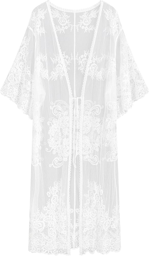 Romanstii Women's Lace Cardigan Floral Crochet Sheer Beach Cover Ups Long Kimono | Amazon (US)