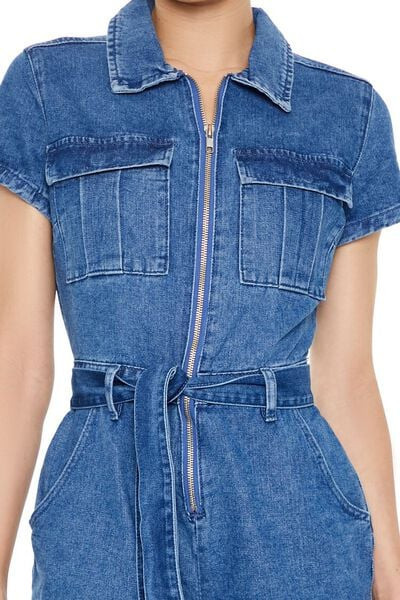 Zip-Up Tie-Waist Denim Romper | Forever 21