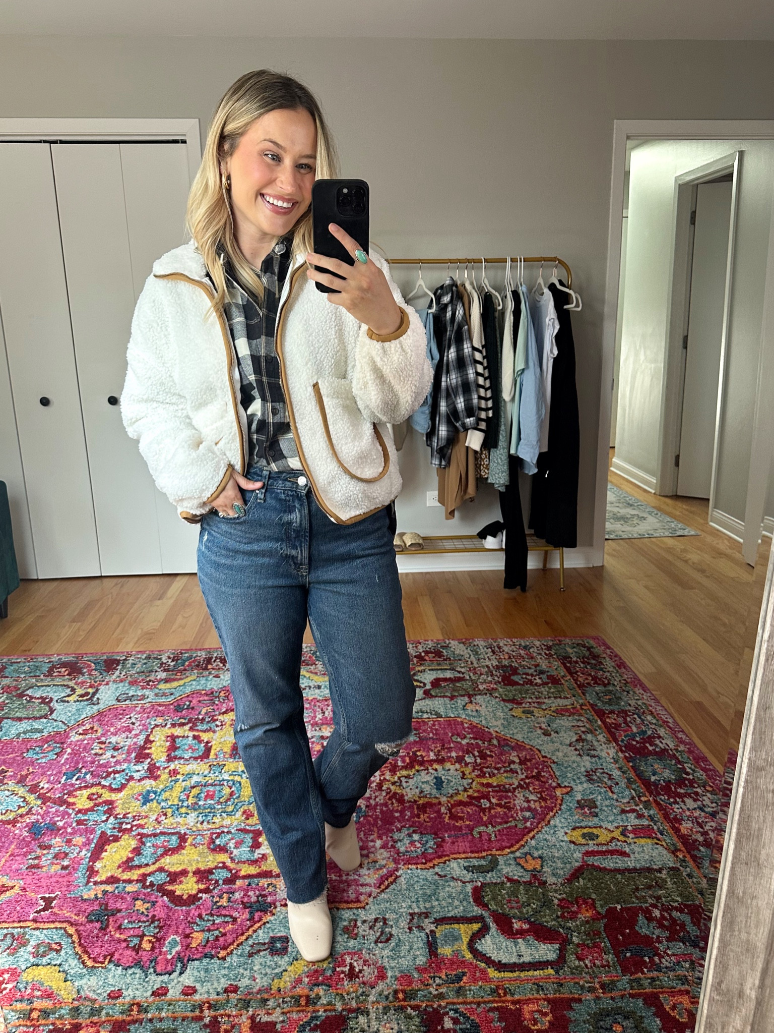 Affordable fall outfit idea / oversized flannel, booties, straight jeans and a fleece jacket! #falloutfits #walmartfinds 

#LTKunder50 #LTKshoecrush #LTKsalealert