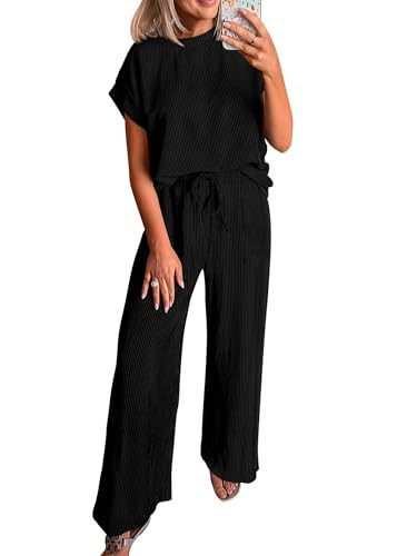 KIRUNDO 2 Piece Sets for Women Dressy Casual Ribbed Knit Short Sleeve Tops Wide Leg Pants Lounge Set Travel Airport Outfits(Black, Small) | Amazon (US)
