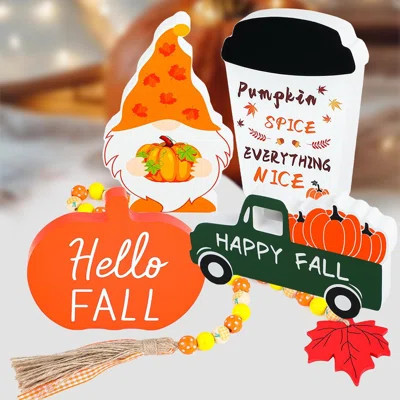 5Pcs Fall Decor Fall Decorations For Home Fall Tiered Tray Decor Pumpkin Truck Gnome Coffee Cup Sign Wood Bead Garland Fall Table Decor For Autumn Har | Wayfair North America