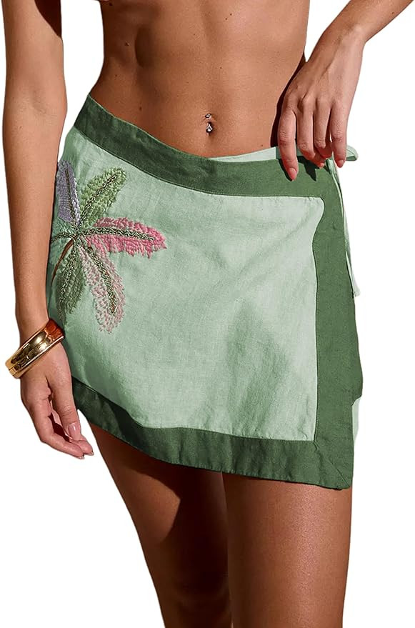 Huaqiao Women's Embroidered Wrap Mini Skirt Summer Cotton Linen Tie Side High Waist A Line Beach ... | Amazon (US)