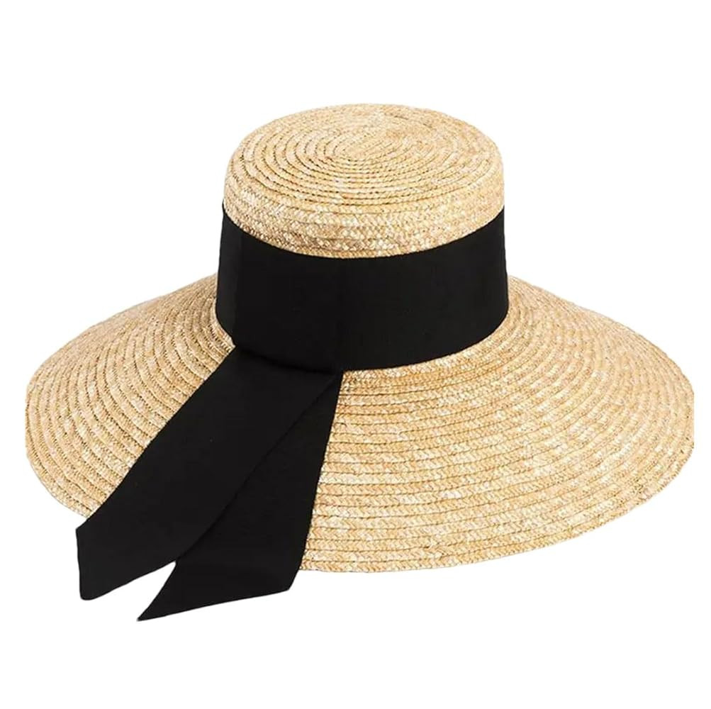 Women Summer Beach Sun-Hat Outdoor Vacation Bow-Ribbon Flat Top Big Brim Straw Caps Panama Hats | Amazon (US)