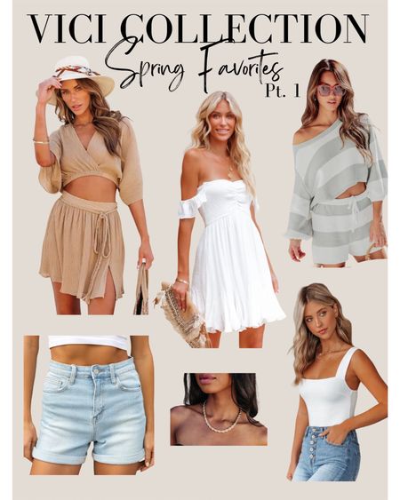 My favorites from Vici Collection’s spring collection! Part 1 🌸

Crinkle skirt set, white off the shoulder dress, striped sweater shorts set, denim rolled hem shorts, gold rope chain necklace, white square neck bodysuit, spring outfits