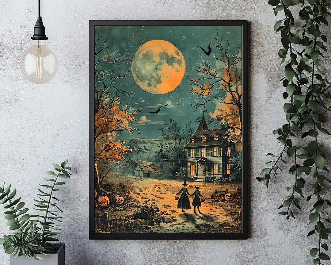 Trick or Treat at Haunted House Vintage Poster Halloween Art for Dark Cottagecore & Wicca Decor S... | Etsy (US)