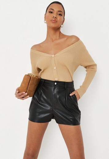 Missguided - Black Faux Leather Button Front Shorts | Missguided (US & CA)