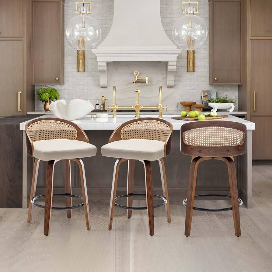 26" Swivel Rattan Bar Stools Set of 3,Mid-Century Modern Beige Leather Upholstered Counter Height... | Amazon (US)