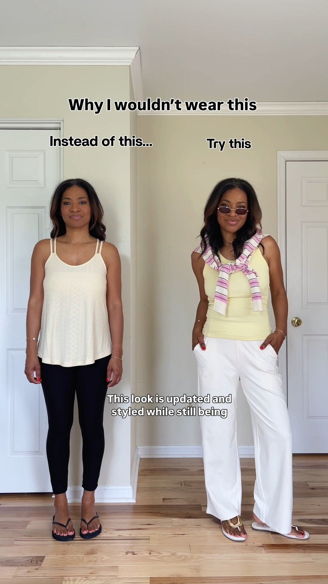 Linking other yellow tanks since mine is see through and I don’t recommend. My pants are in the color “Ivory” in the size medium 5.4-5.7, 7/8 length. I’m also linking my underwear that I would wear with the pants as they may be slightly see through for you but otherwise not an issue!  My striped cardigan is a size small  

#LTKootd #LTKgrwm #LTKOver40
