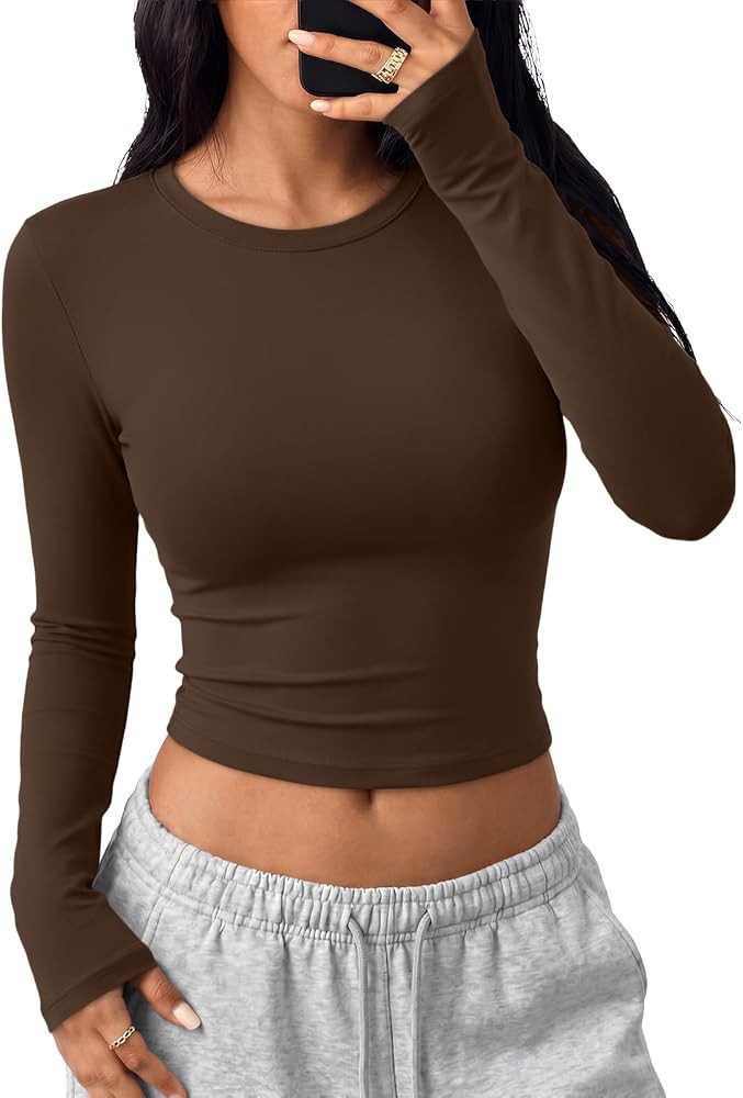 Trendy Queen Womens Long Sleeve Crop Tops Y2K Basic Shirts | Amazon (US)