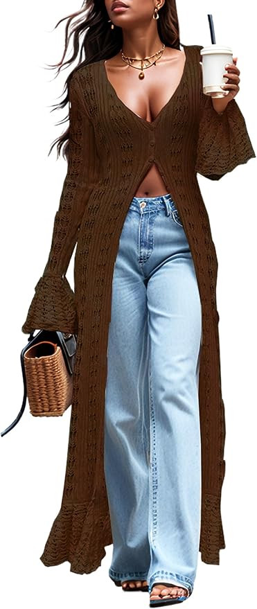 Cardigan Sweaters for Women Trendy Lightweight Crochet Long Duster Button Up Bell Long Sleeve Ruf... | Amazon (US)