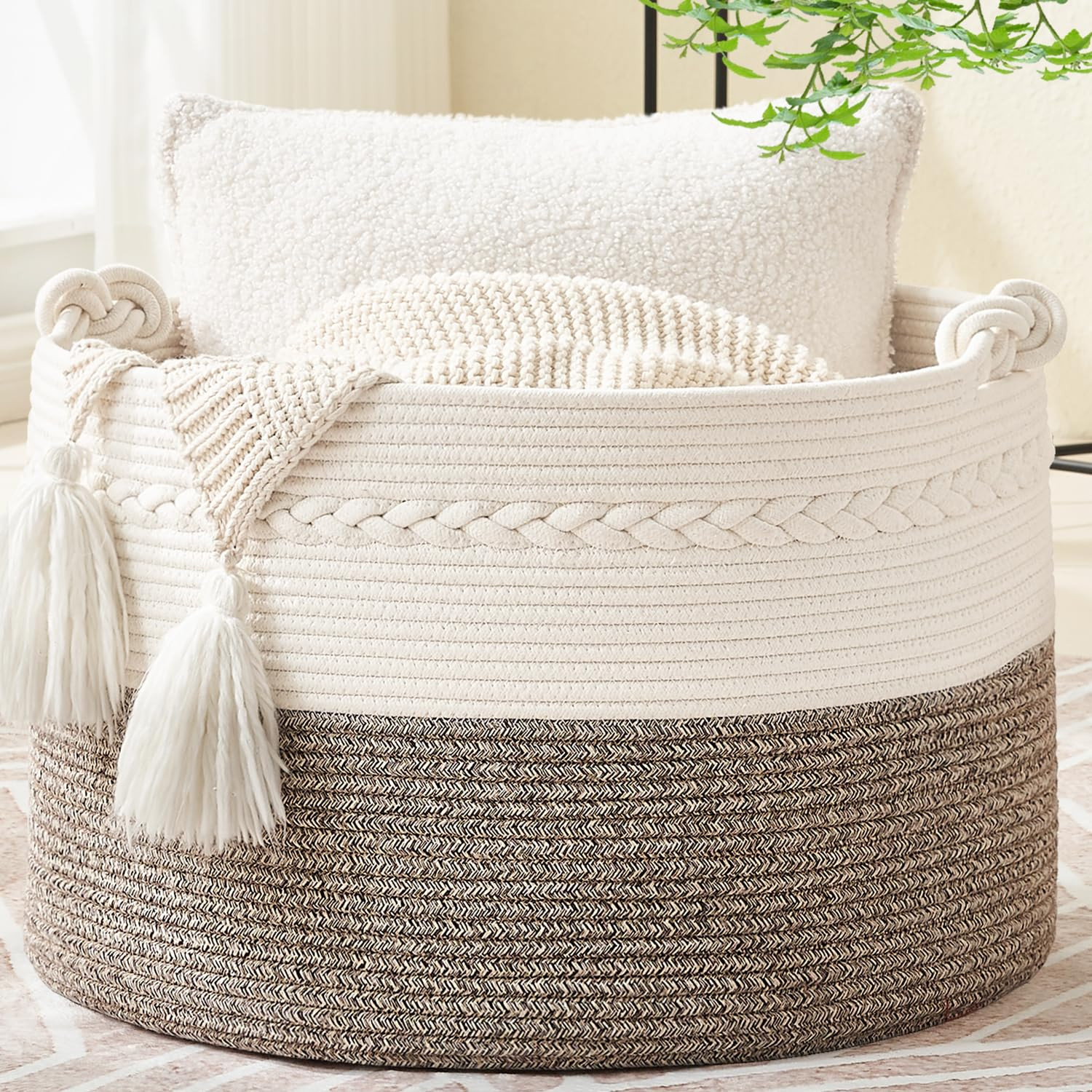 KAKAMAY Large Blanket Basket (20"x13"),Woven Baskets for storage Baby Laundry Hamper, Cotton Rope... | Amazon (US)