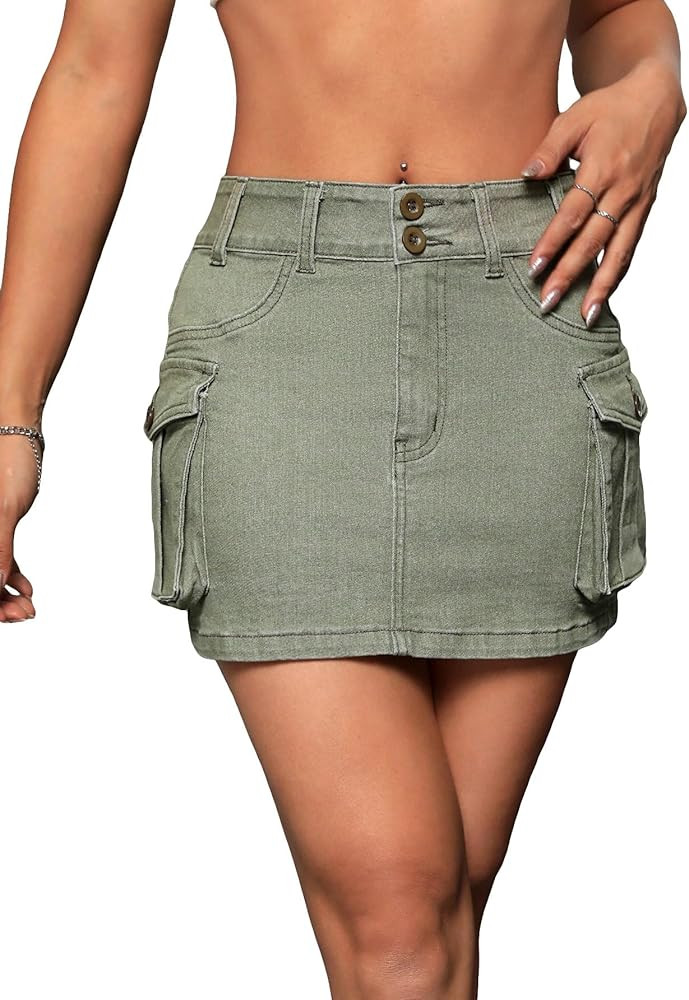 WDIRARA Women's Low Waist Button Bodycon Mini Cargo Denim Skirt with Pocket | Amazon (US)