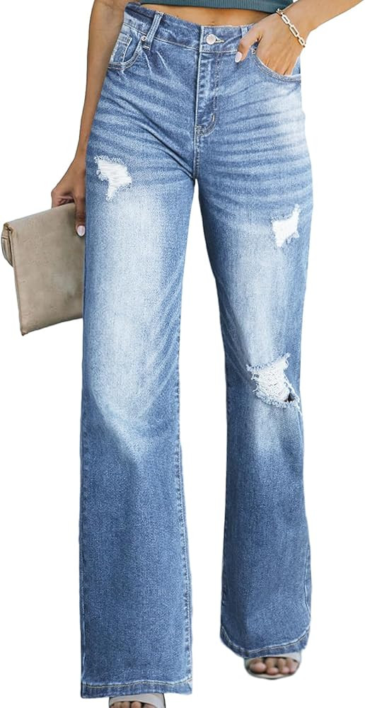 Sidefeel Women's Ripped High Waisted Flared Jeans Wide Leg Destroyed Denim Pants | Amazon (US)