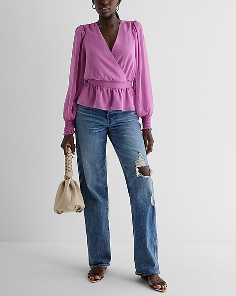 V-Neck Smocked Cuff Peplum Top | Express