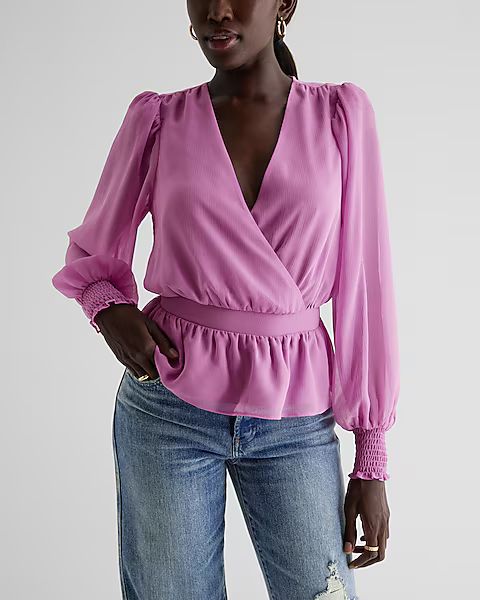 V-Neck Smocked Cuff Peplum Top | Express