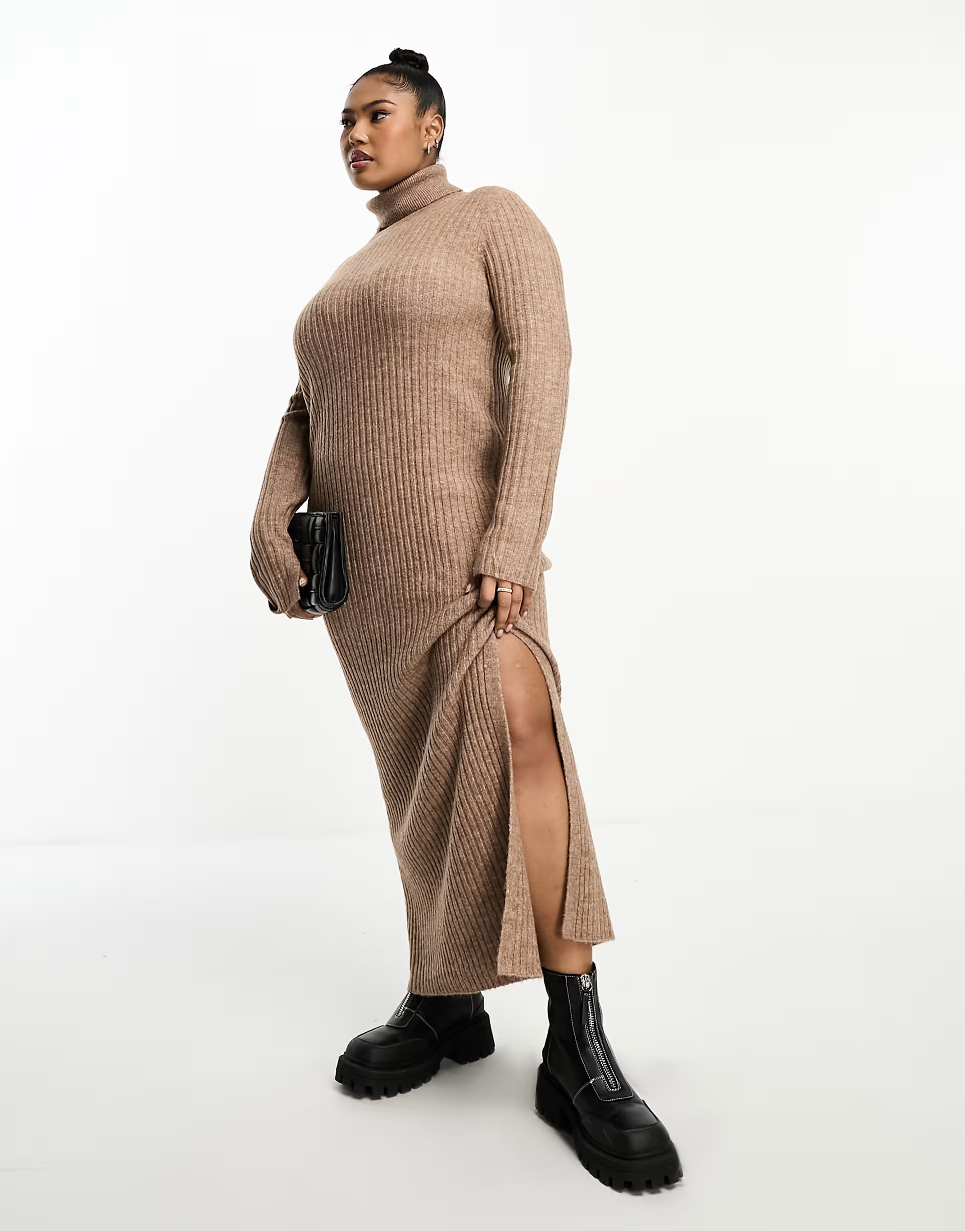 ASOS DESIGN Curve knitted maxi dress with high neck and side split in camel | ASOS (Global)
