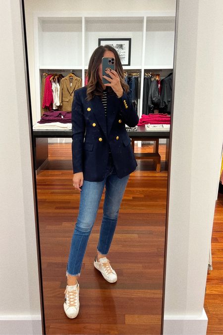 This classic and stunning navy blazer is finally on sale (wearing size 2. Comes black and tan too). 
Jeans tts. Tee in small (comes in ton of colors). 


#LTKsalealert #LTKstyletip #LTKSeasonal