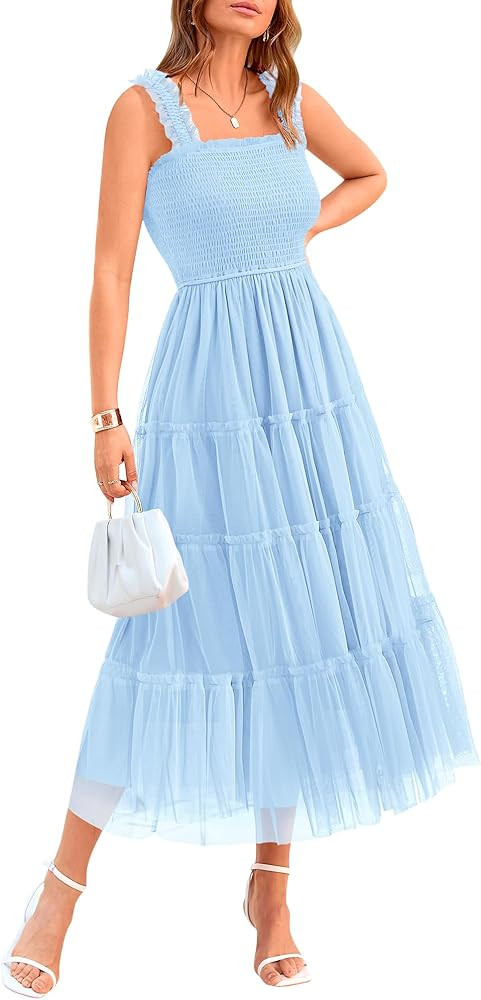 BTFBM Women's 2025 Summer Midi Dress Casual Sleeveless Square Neck Smocked Ruffle Tulle Party Wed... | Amazon (US)