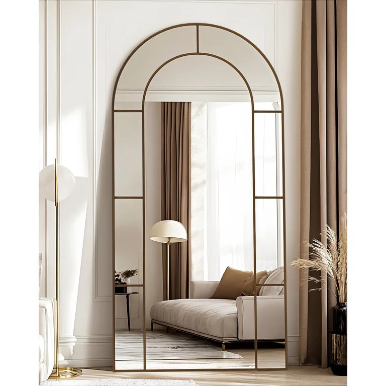 Antok 78"x 38" Arched Full Length Windowpane Mirror Metal Framed Wall Decor Floor Mirror, Bronze | Walmart (US)