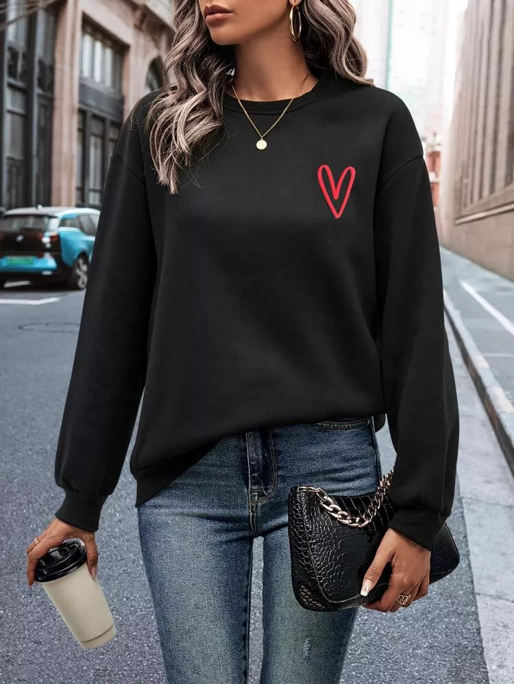 Heart Print Drop Shoulder Sweatshirt for Women