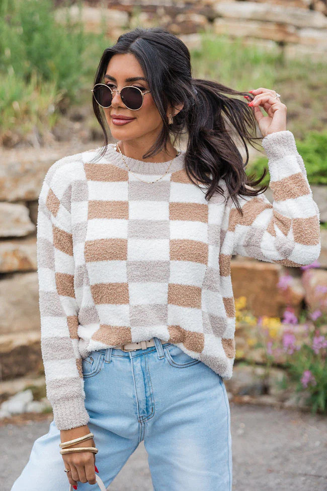 Sweet Truth Tan Fuzzy Checkered Sweater | Pink Lily