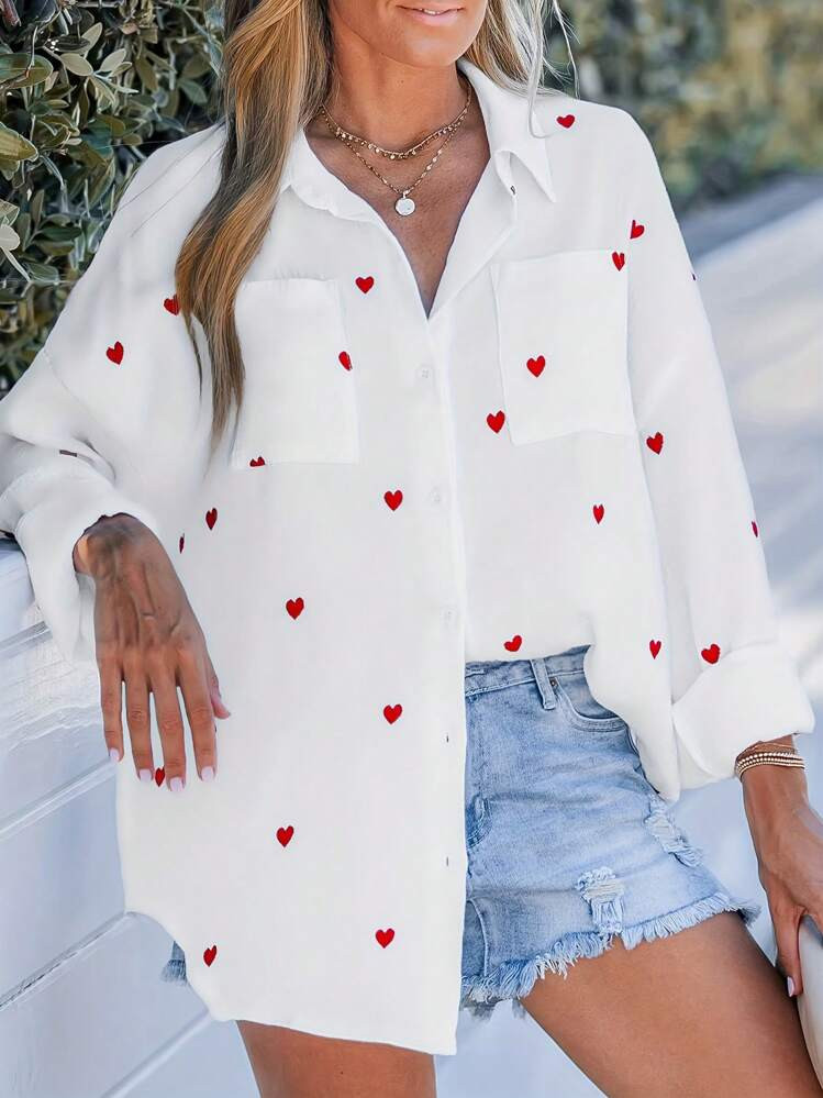 SHEIN LUNE Ladies' Loose Fit Shirt With Heart Print | SHEIN