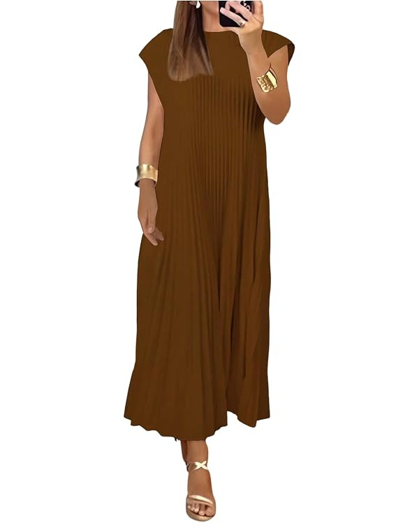 GORGLITTER Women's Pleated Church Maxi Dresses Summer Casual Short Sleeve Crew Neck Flowy Loose L... | Amazon (US)