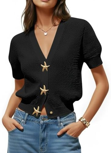 Saodimallsu Womens Puff Short Sleeve Cardigans V Neck Button Down Casual Summer Lightweight Knit ... | Amazon (US)