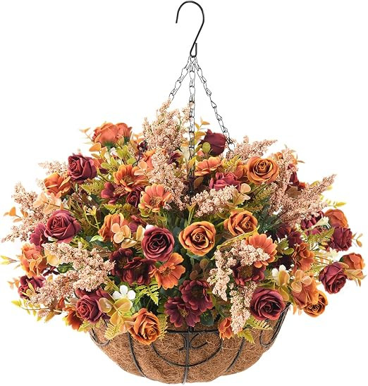 Artificial Fall Hanging Flowers Baskets for Outdoor Decoration | Fake Silk Rose Floral Arrangemen... | Amazon (US)