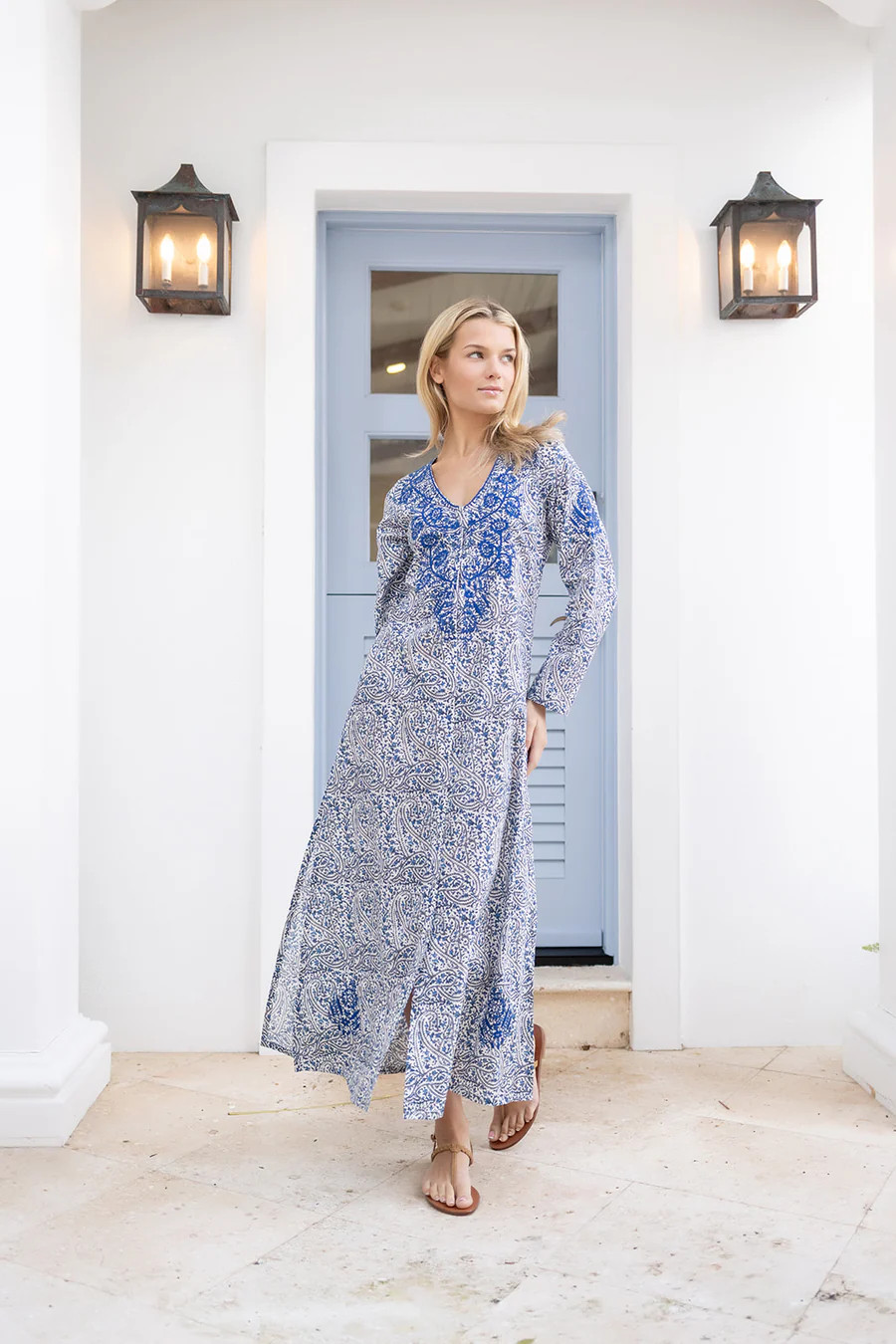 Chloe Caftan Printed - Chambray Chamonix Fleur | Julia Amory