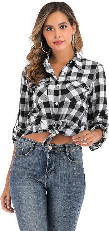 Enjoyoself 100% Cotton Women's Plaid Button Down Shirt Long Roll up Sleeve Blouse Casual Top | Amazon (US)