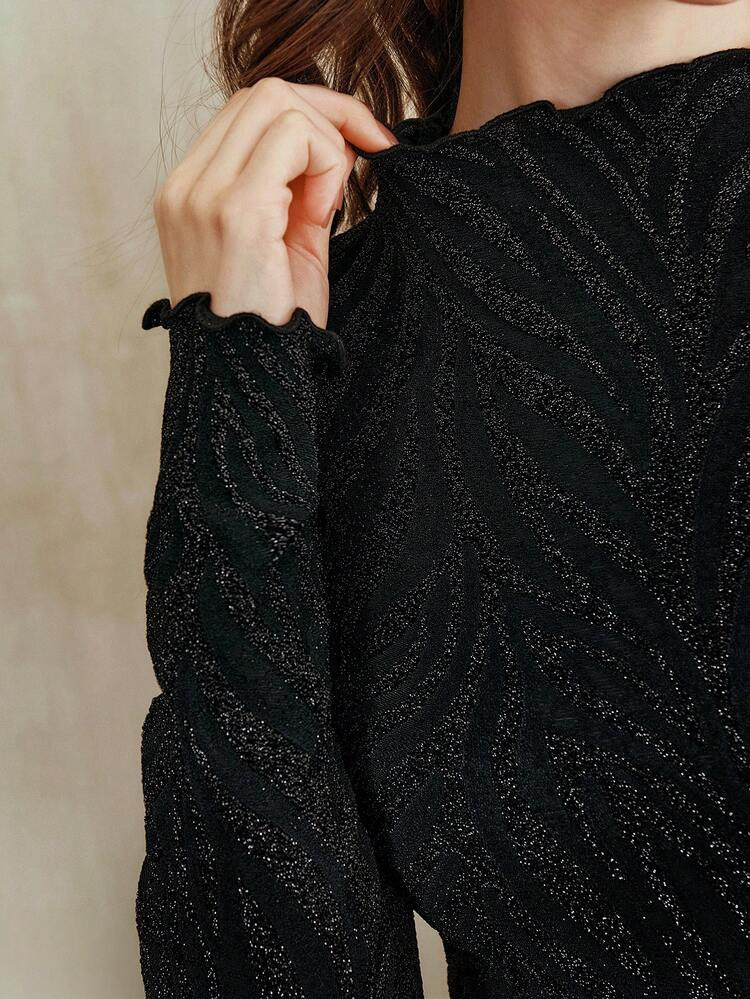 Anewsta Elegant Black Mock Neck Textured Silver & Gold Pleated Slim Fit Long Sleeve T-Shirt For Women, Autumn | SHEIN