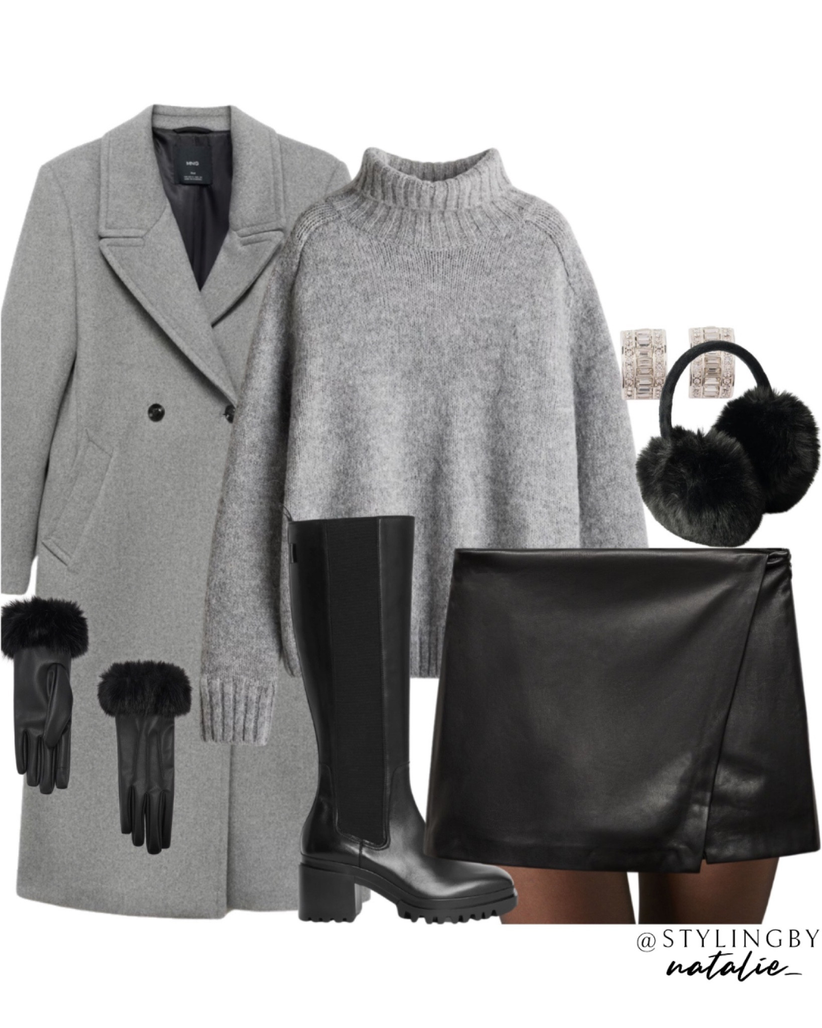 Grey wool coat, grey turtleneck jumper, faux leather mini skirt, black knee high heel boots, fur trim gloves, fur ear muffs.
Winter outfit, knitwear

#LTKwinter #LTKstyletip #LTKeurope
