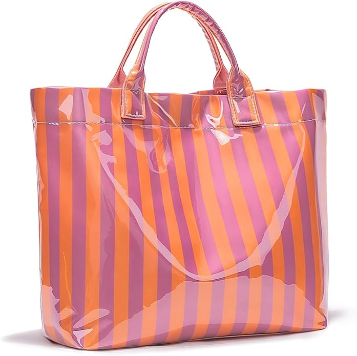 Women’s Waterproof PVC Tote Bag for Women, Large Stripe Plastic Top Handle Oversize Hobo Bag fo... | Amazon (US)