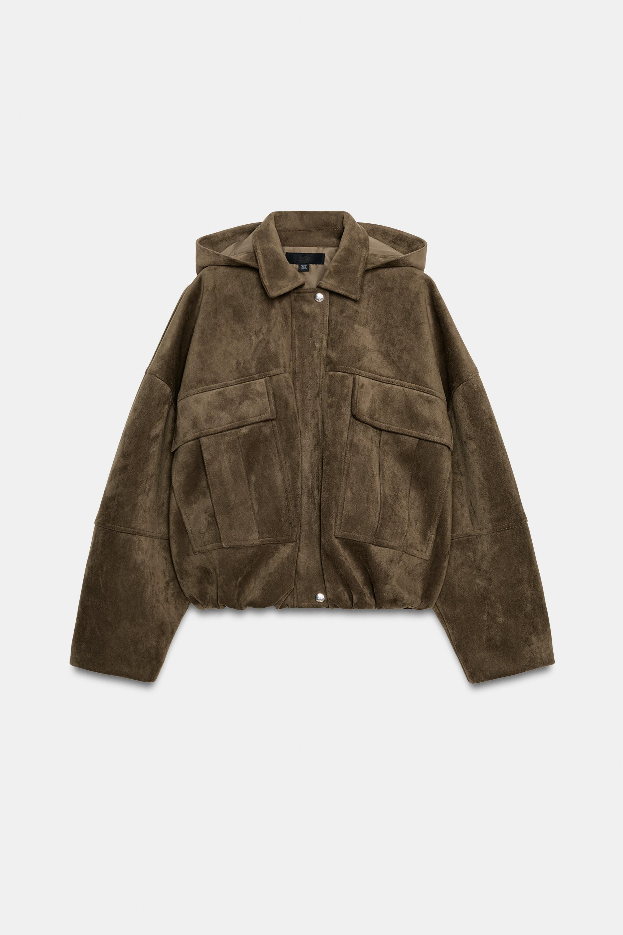 OVERSIZED FAUX SUEDE HOODED BOMBER JACKET | Zara US