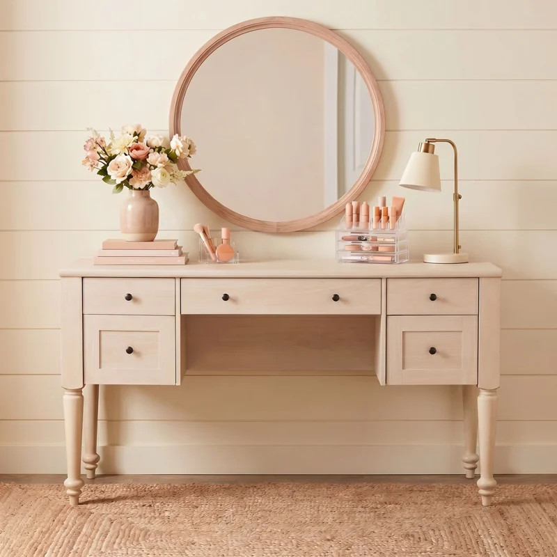 Scarlett 56" Spacious Vanity Desk With 5 Drawers, Charging Station, Rear Cabinet, Open Shelf, Bei... | Wayfair North America
