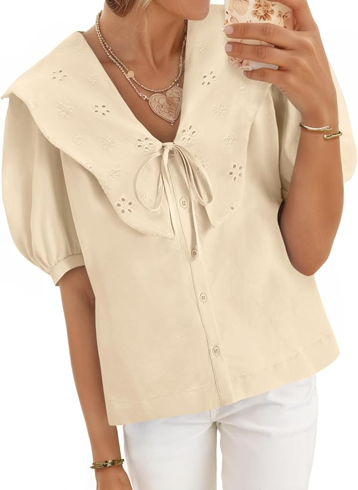 Cicy Bell Womens Peter Pan Collar Button Down Shirts Puff Short Sleeve Summer Casual Eyelet Tops ... | Amazon (US)