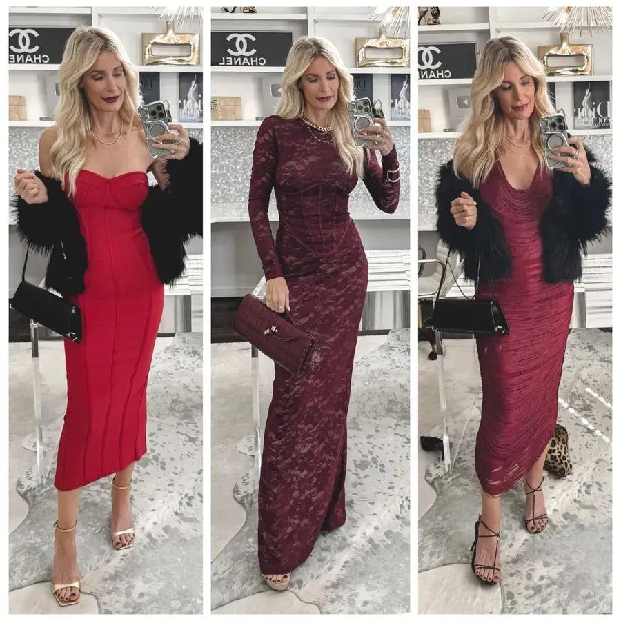 Three fabulous Valentine’s Day dresses — whether you’re headed out with your boyfriend, husband, romantic partner, or your girlfriends ❤️ Because the vibe is FEELING amazing… not who you’re going with. ✨ Dress 1: A red strapless bandeau-style dress with a bandage silhouette. SO flattering. It hugs your curves in all the right places and does an incredible job of smoothing and snatching. Sexy but chic. ✨ Dress 2: A stunning full-length burgundy lace dress, fully lined with a nude lining (so no worries about it being see-through). Elegant, romantic, and absolutely perfect for Valentine’s Day or a winter wedding. That burgundy shade? Chef’s kiss. ✨ Dress 3: A halter-style dress with luxe fringe detailing. The fit is impeccable, it moves beautifully, and it looks way more expensive than it is. Total showstopper. All three run true to size — I’m wearing an extra small. And remember: you’re not just wearing clothes to wear clothes… you’re wearing them because of how they make you feel. These dresses will make you feel confident, beautiful, and like a million bucks — because you are. 💋✨ Which one are you wearing? 💌 

 

#LTKValentine #LTKgrwm #LTKootd