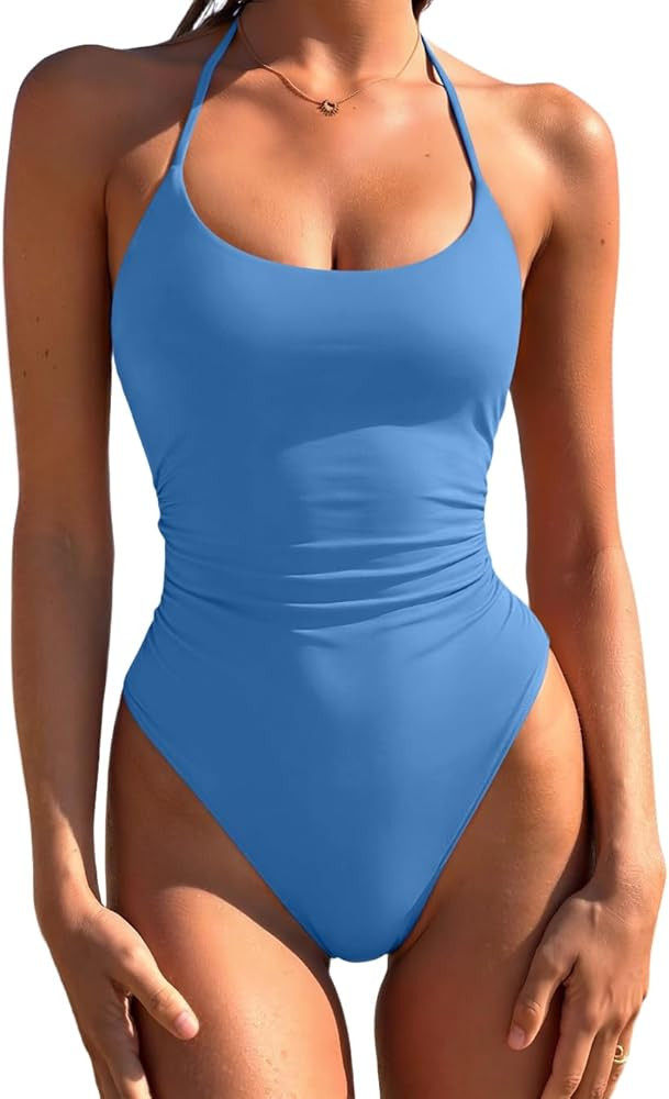 Women's One Piece Swimsuits Sexy Halter High Cut Slimming Bathing Suit Tummy Control Swimsuit | Amazon (US)