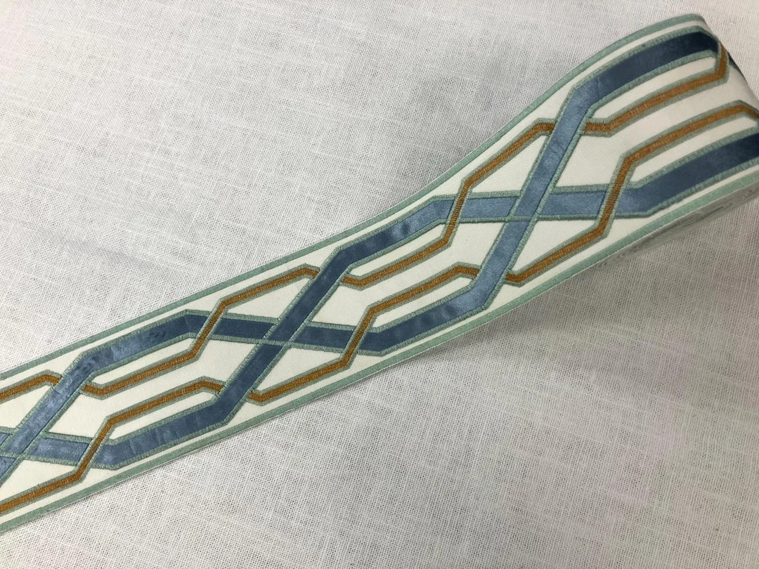 Cream, Aqua & Colonial Blue Woven Suede Embroidery Trim Tape 3.75" Width H-17955 Upholstery / Dra... | Etsy (US)