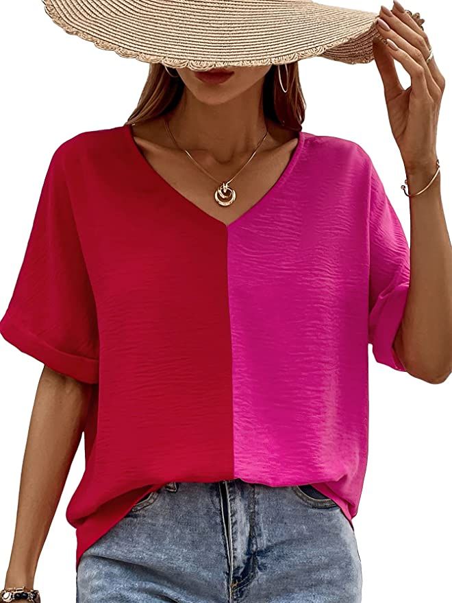SOLY HUX Women's Color Block V Neck Short Sleeve Casual Summer Blouse Tops | Amazon (US)