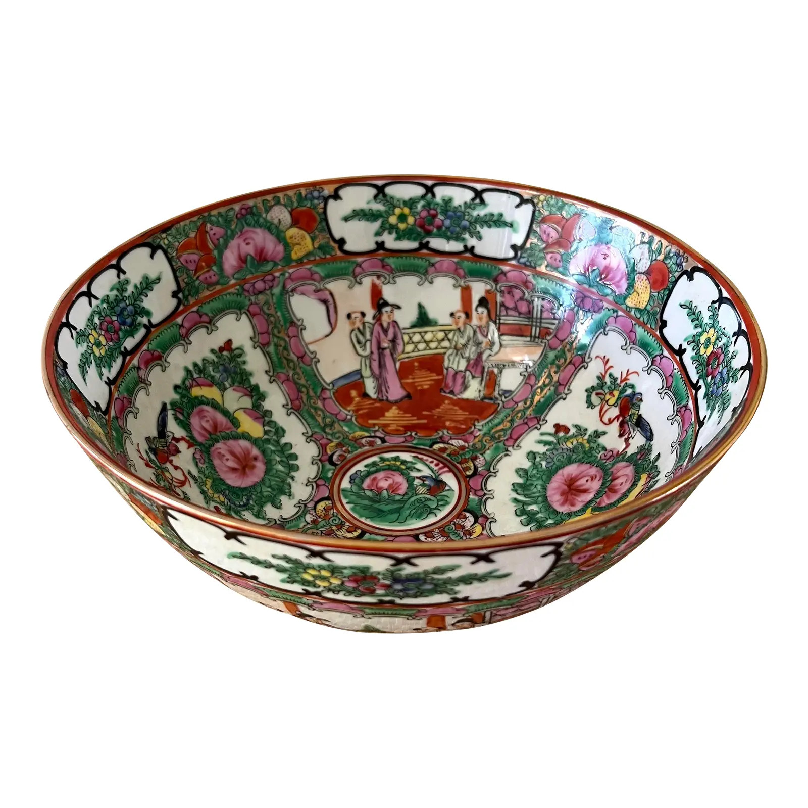 Large Rose Famille Medallion Porcelain Bowl | Chairish