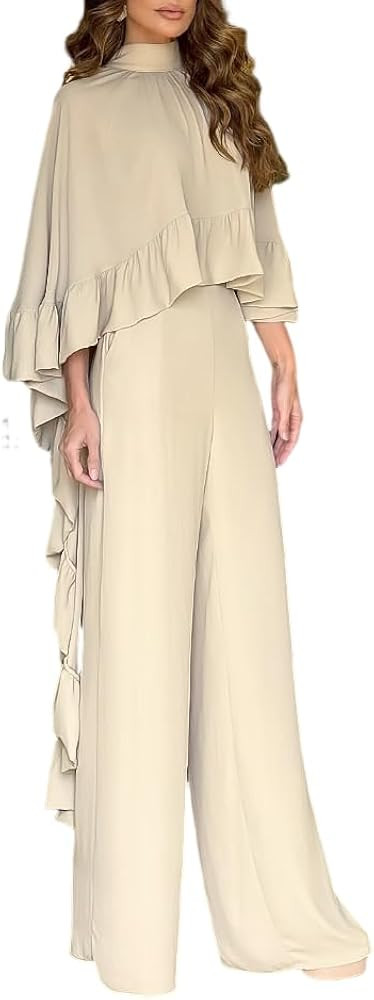 CHICME 2 Pieces Outfits for Women 2025 High-Low Ruffles Hem Cape Top and Casual Wide Leg Pants Tr... | Amazon (US)