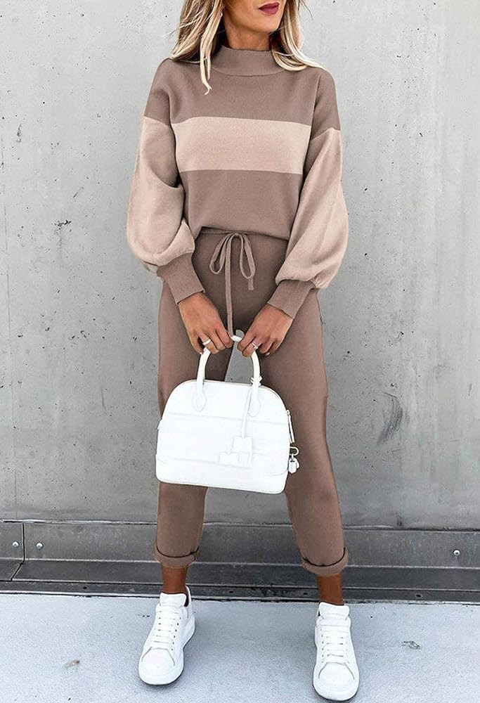 Cutiefox Women's 2 Piece Sweatsuit Outfits Lantern Sleeve Pullover Tops and High Waist Jogger Pants  | Amazon (US)