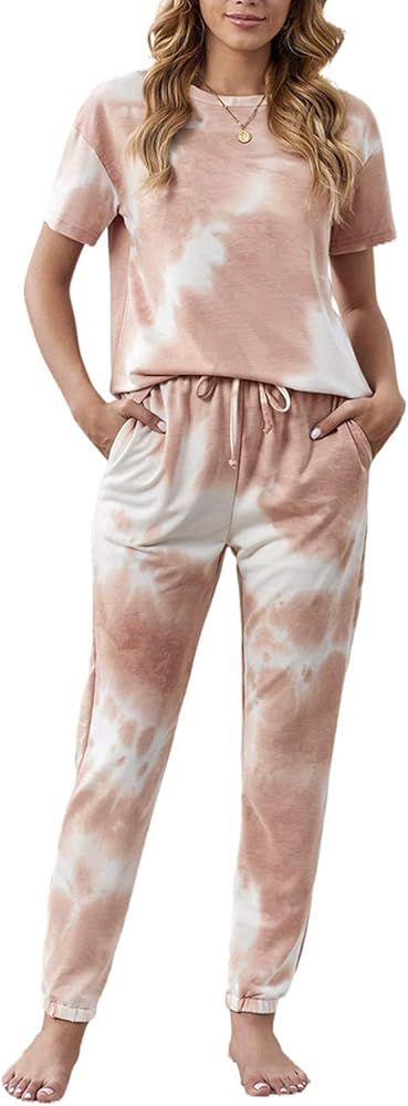 Women Tie Dye Printed Pajamas Set Crewneck Long Sleeve Tee and Jogger Pants PJ Set Loungewear Nig... | Amazon (US)