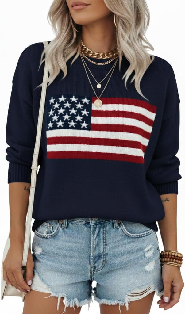 Noni Women's American Flag Pattern Long Sleeve Lightweight Round Neck Sweater Casual Loose Pullov... | Amazon (US)